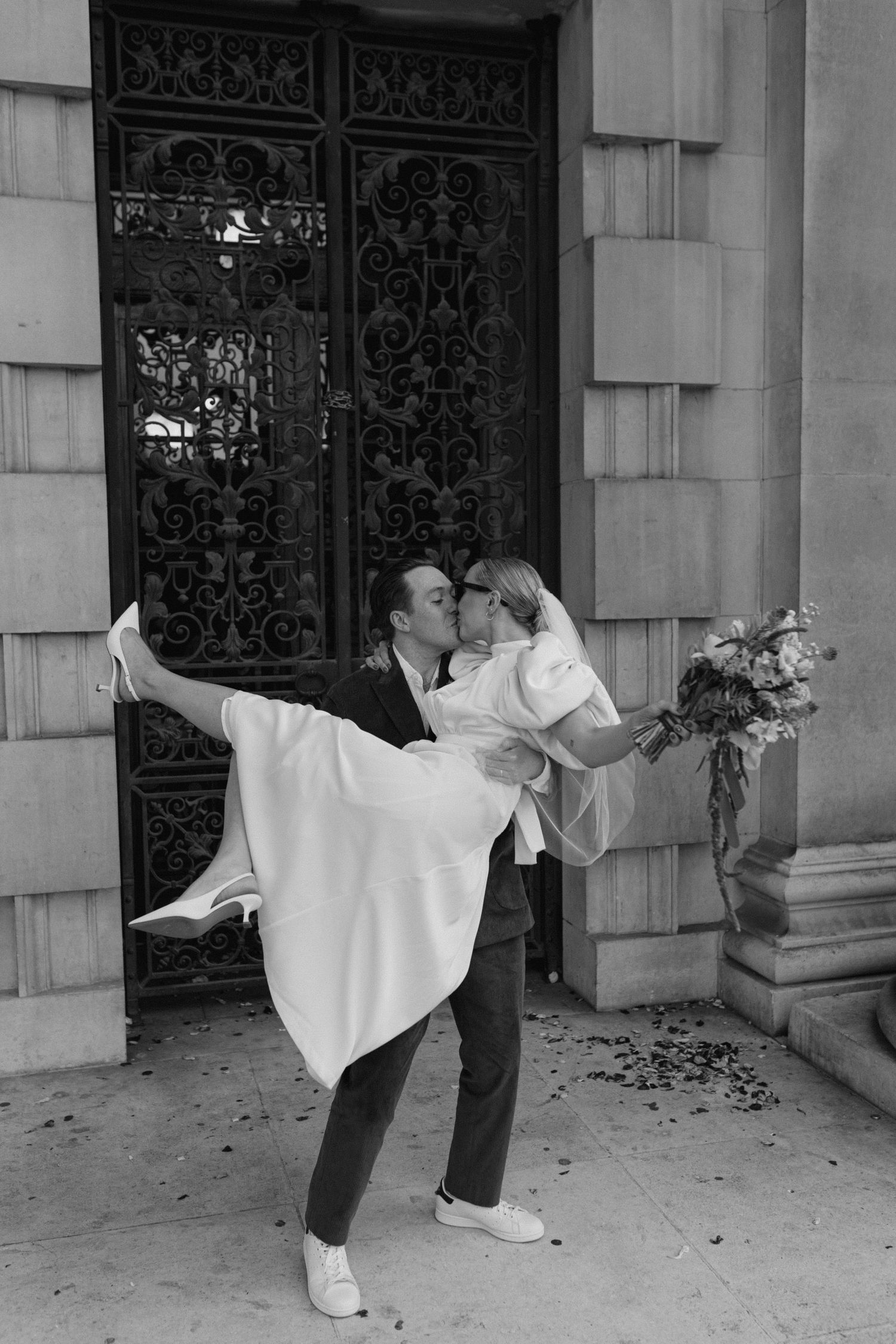 Bride and groom outside Leeds Civic Hall after their Leeds elopement wedding.