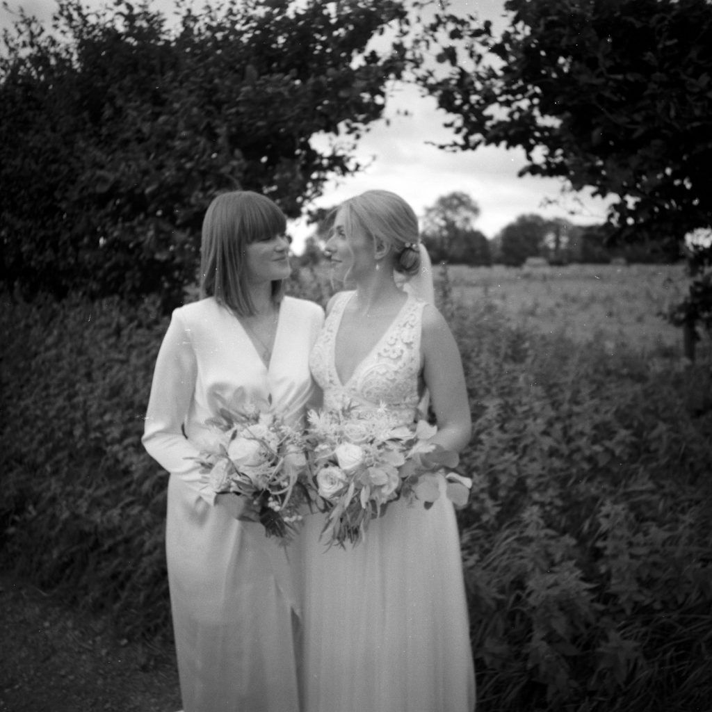 Two brides on their wedding day shot on analogue film