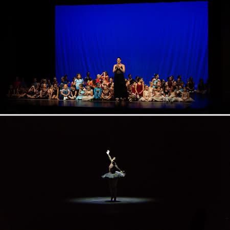 Ballet performance with group of dancers seated on stage under blue light, and solo ballerina spotlight in white tutu.