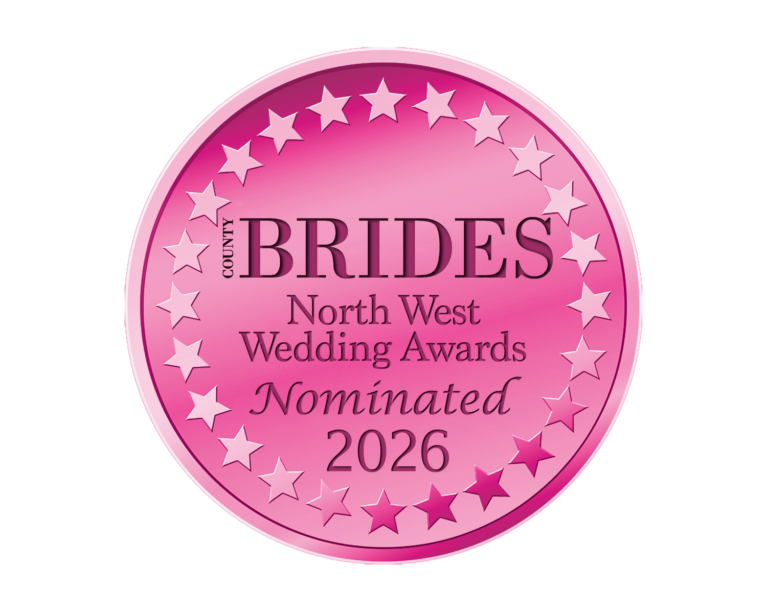 Pink oval award nomination badges with stars and text for 'North West Brides 2026' against white background.
