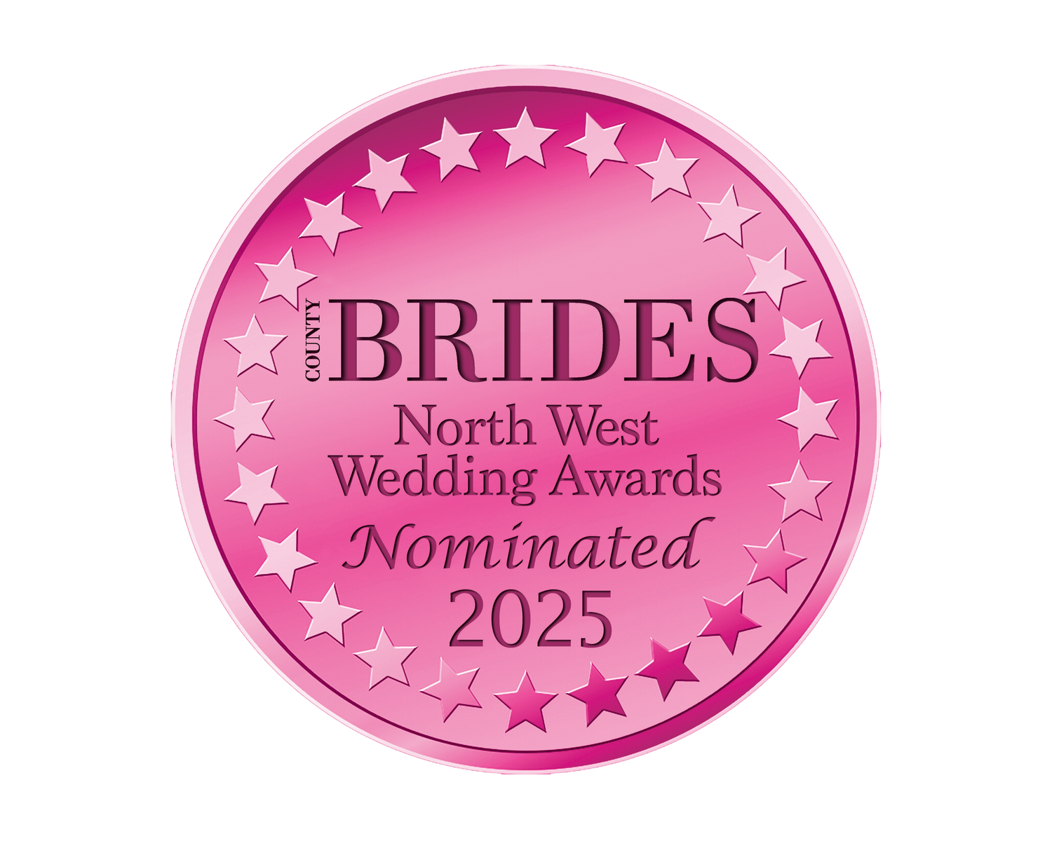 Pink oval award nomination badges with stars and text for North West Brides Awards 2025 against white background.