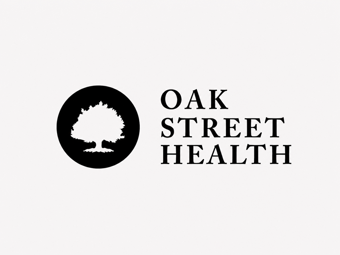 Oak Street Health logo featuring a white oak tree silhouette in a black circle beside bold serif text on light background.