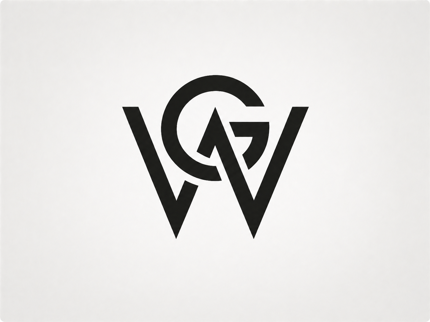 Black minimalist monogram logo combining letters W and G in a bold geometric design on a light gray background.