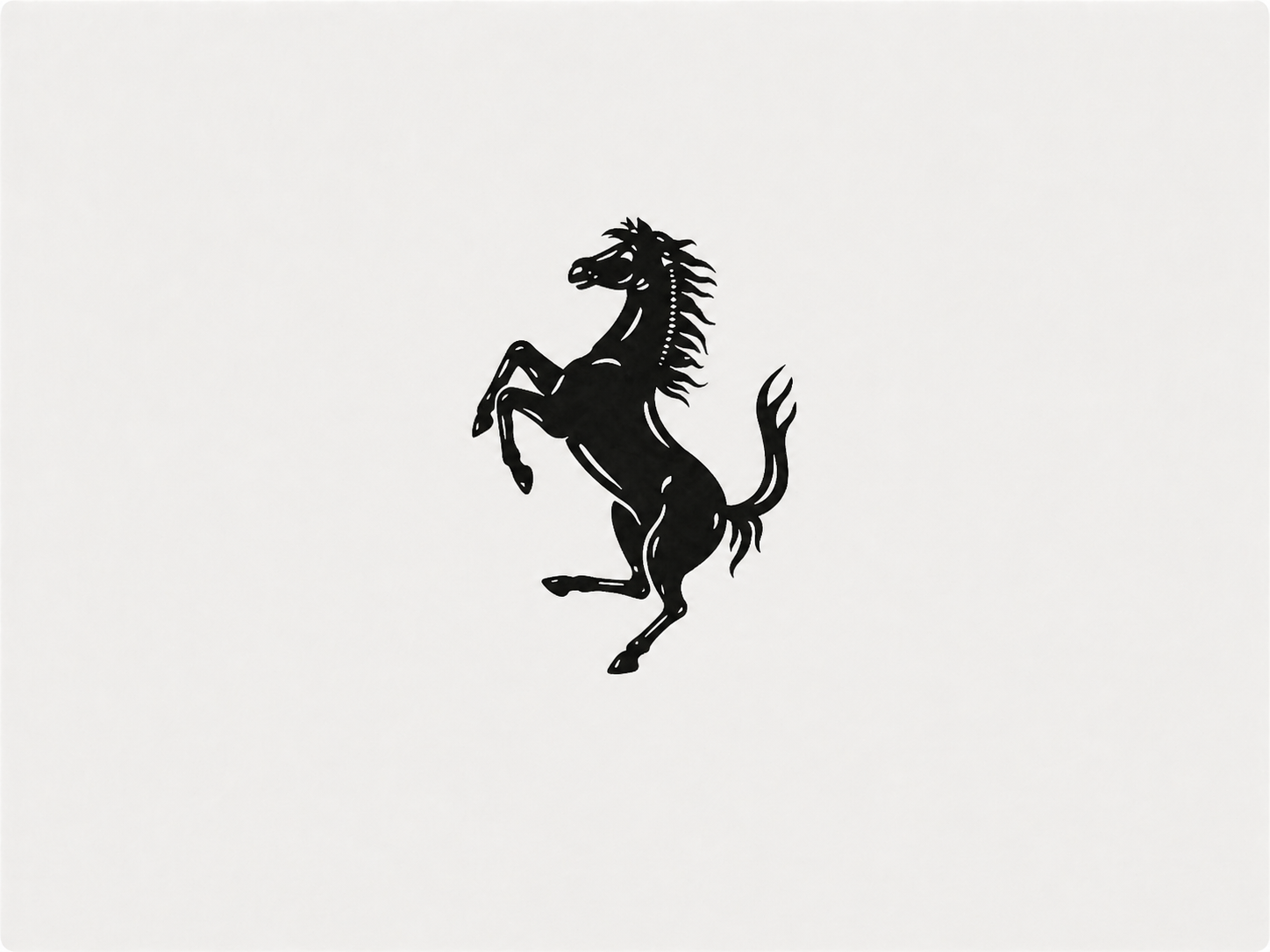 Black Ferrari prancing horse logo silhouette on white background, iconic rearing stallion emblem.