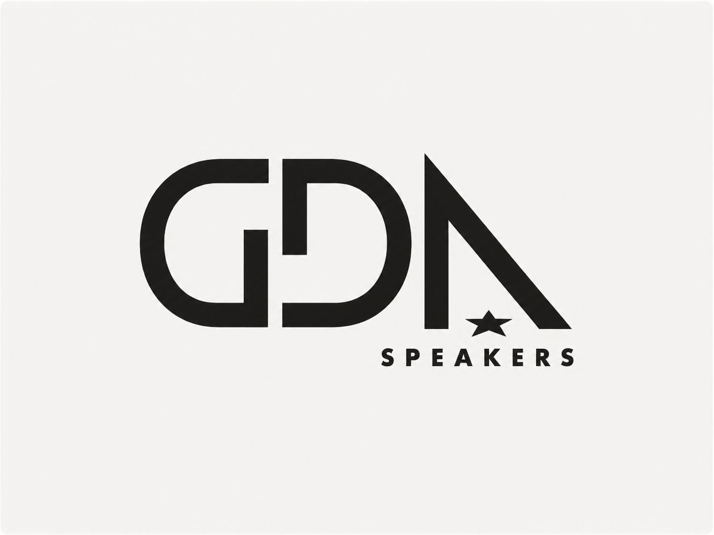 GDA Speakers logo featuring bold black letters with a star accent on a light gray background.