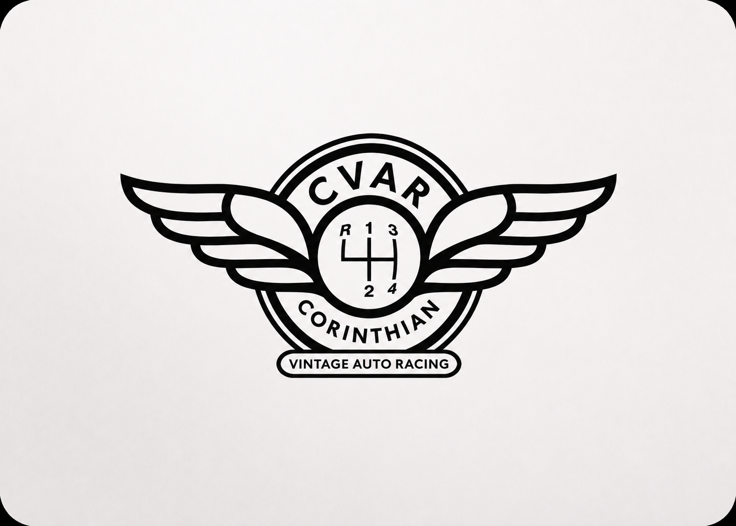 CVAR Corinthian Vintage Auto Racing logo with winged gear shift emblem in black and white.