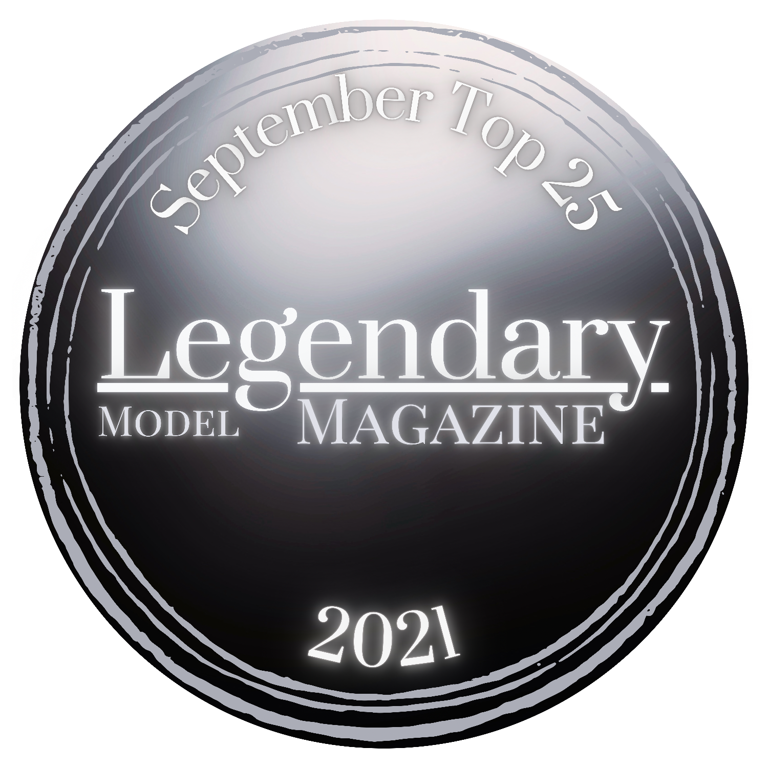A silver circular badge for Legendary Model Magazine September Top 25 2021.