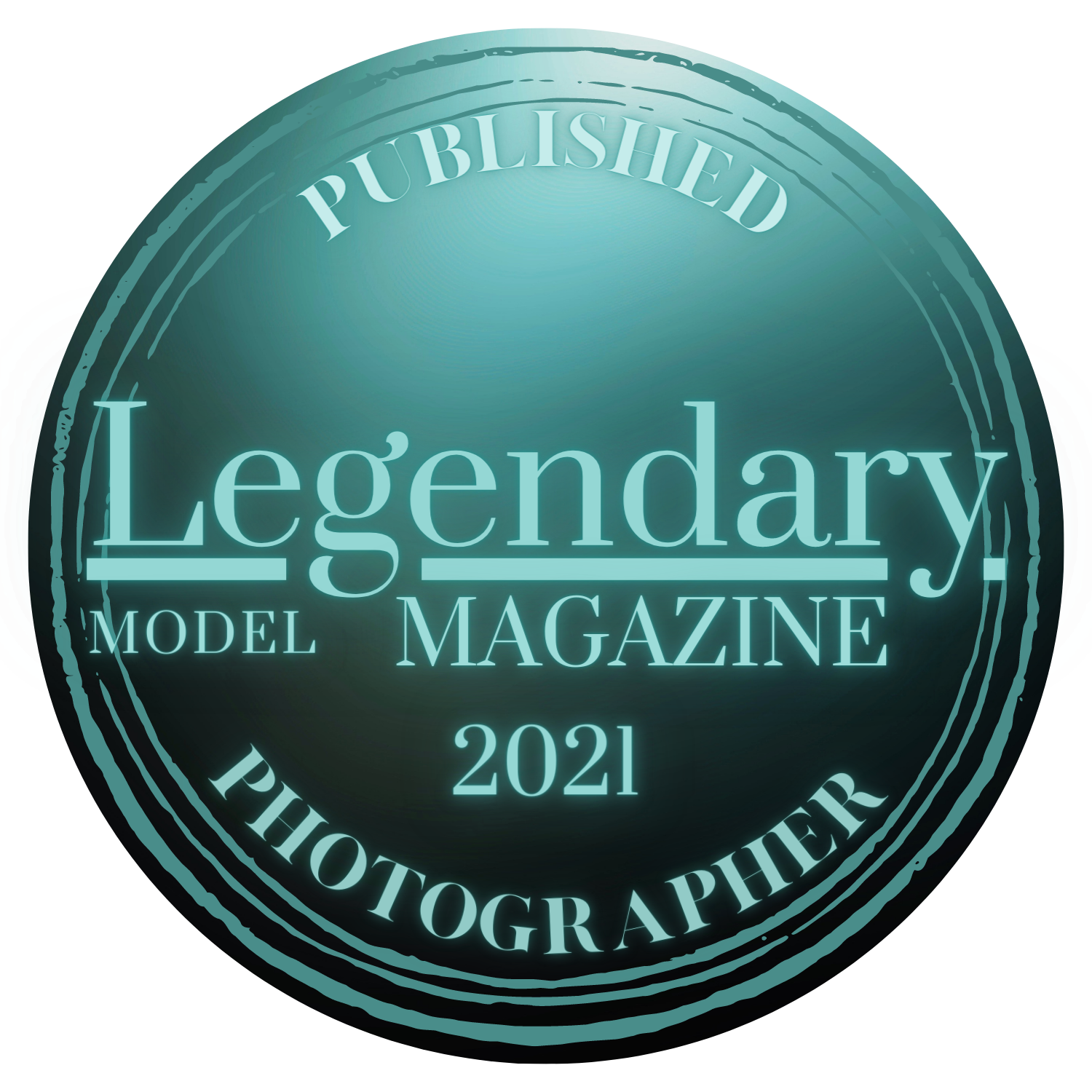 A teal circular badge for Legendary Model Magazine Published Photographer 2021.