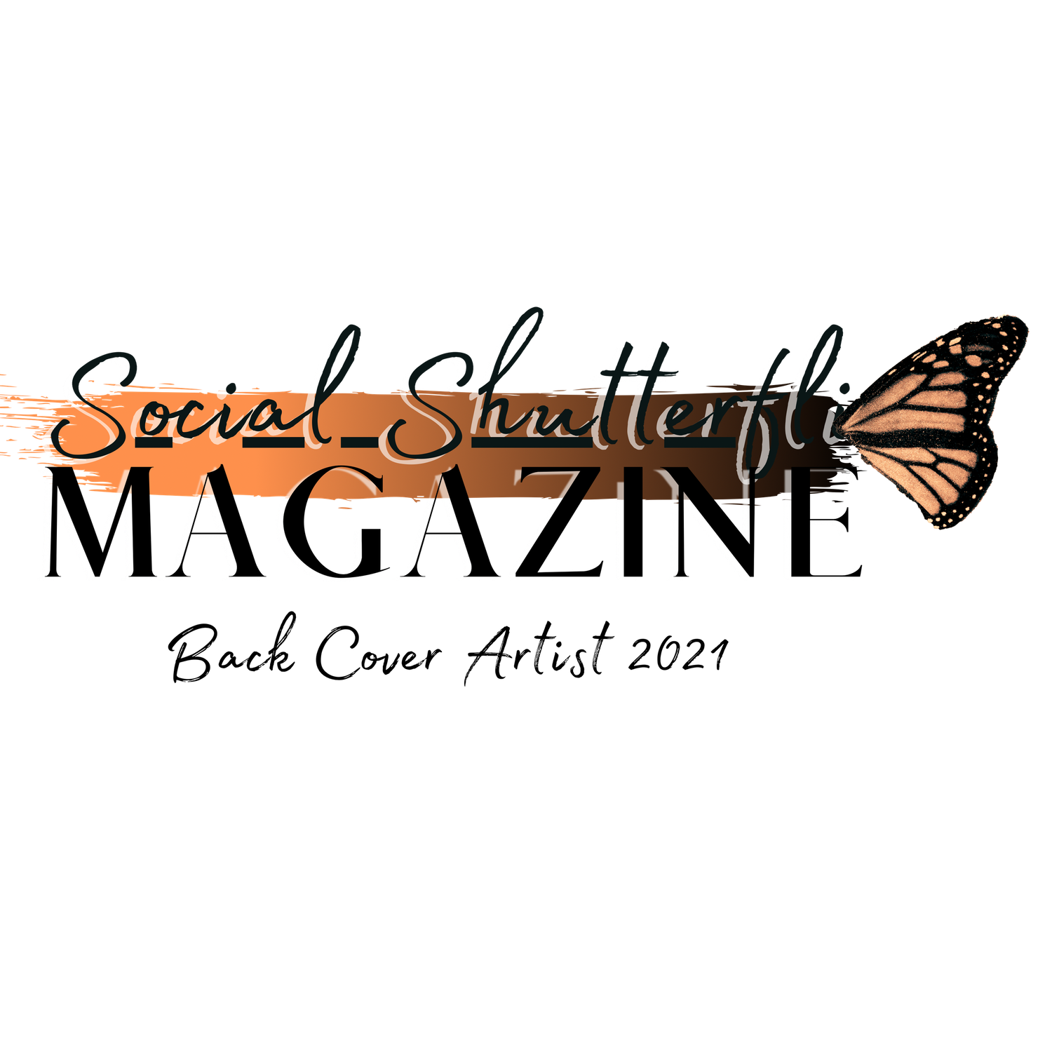 Social Shutterfly Magazine logo with orange butterfly wing design on black background.