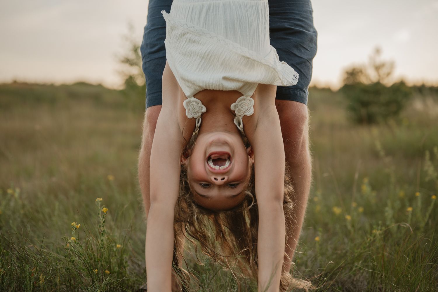 A laughing girl held upside down by an adult in a green meadow at sunset, wearing a white dress.