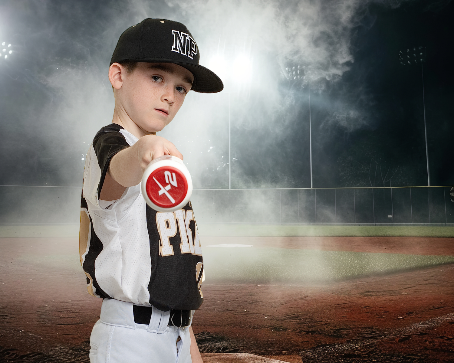 Baseball player stands in dramatic fog on field at night with stadium lights creating atmospheric glow.