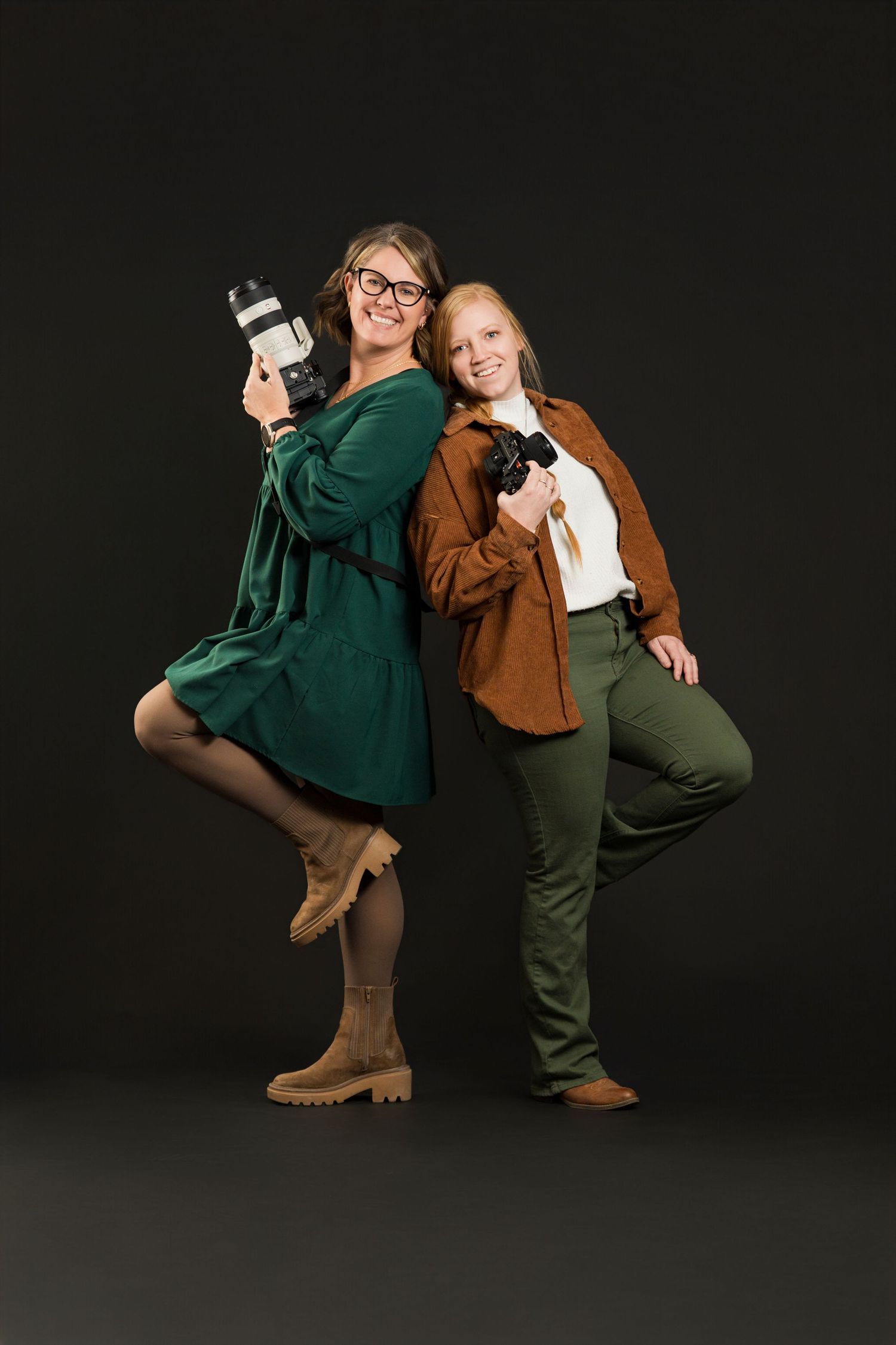 Three people in casual clothing pose playfully against a dark background in a progressive photo sequence.
