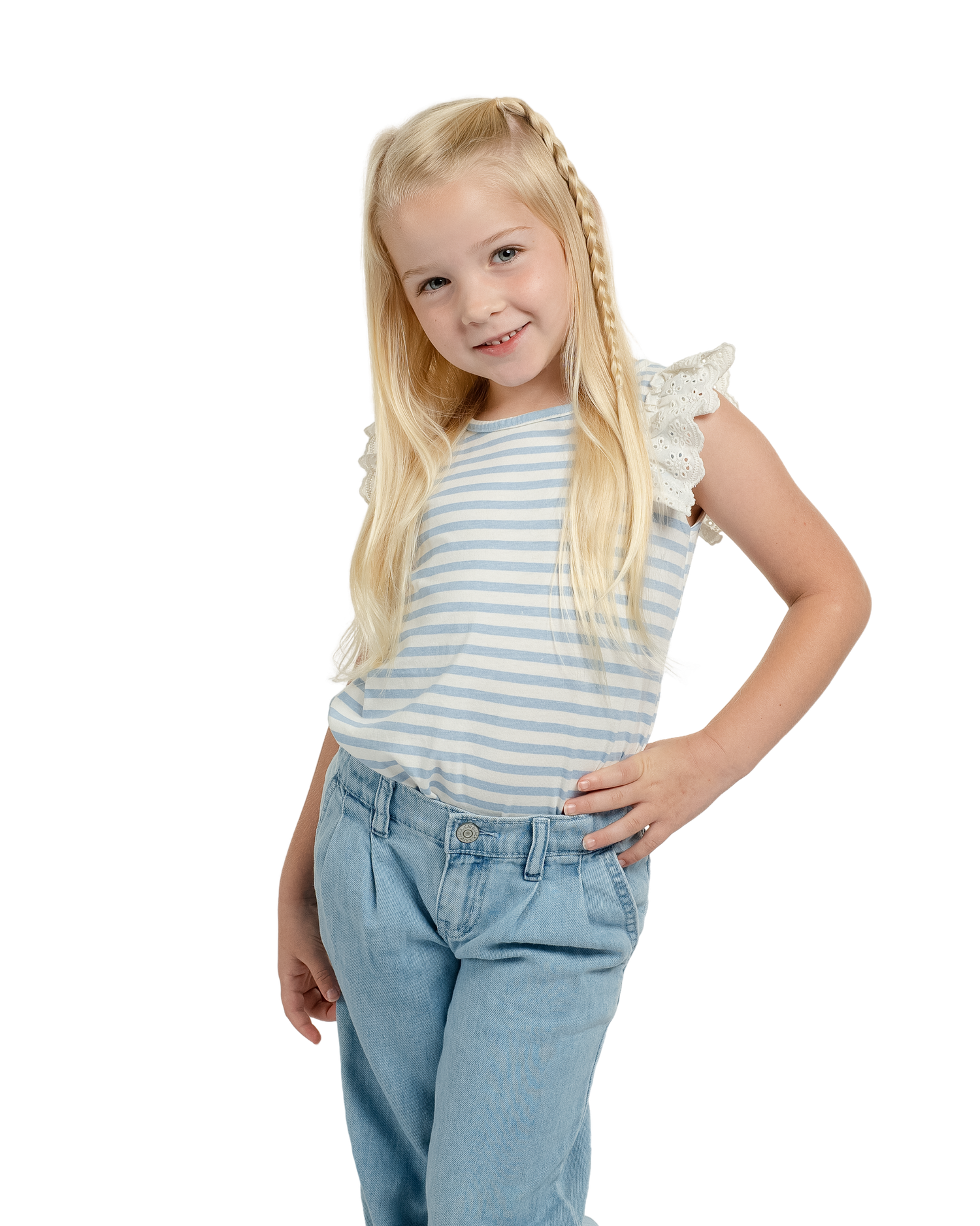 Child wearing a striped shirt and jeans poses playfully in a series of four casual portraits.