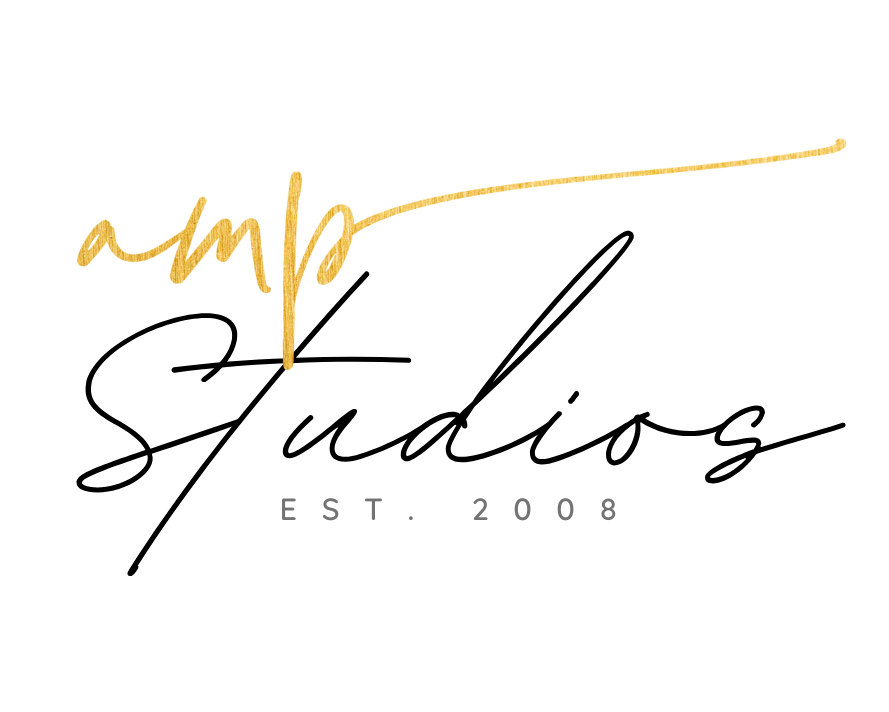 A stylish black and gold logo design for AMP Studios featuring handwritten script and established date of 2008.