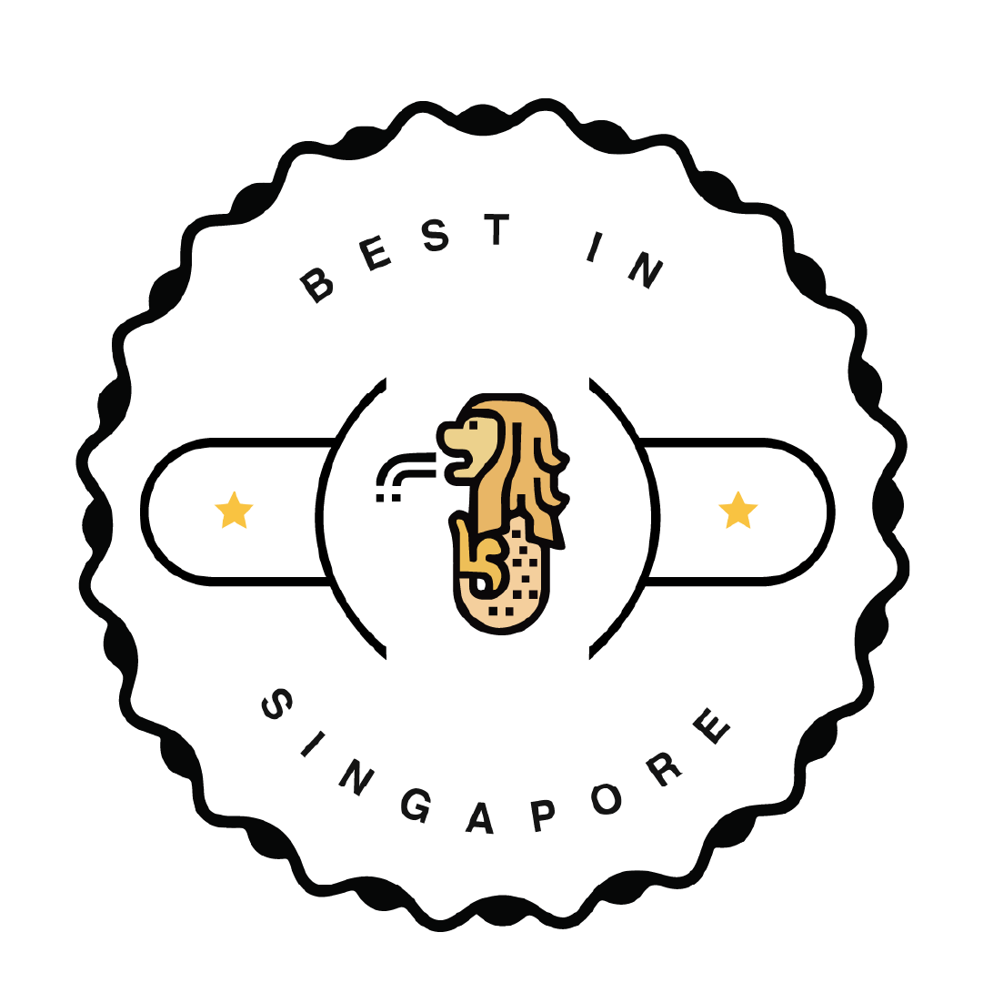 Best in Singapore badge featuring a Merlion icon with gold stars on a scalloped circular seal.