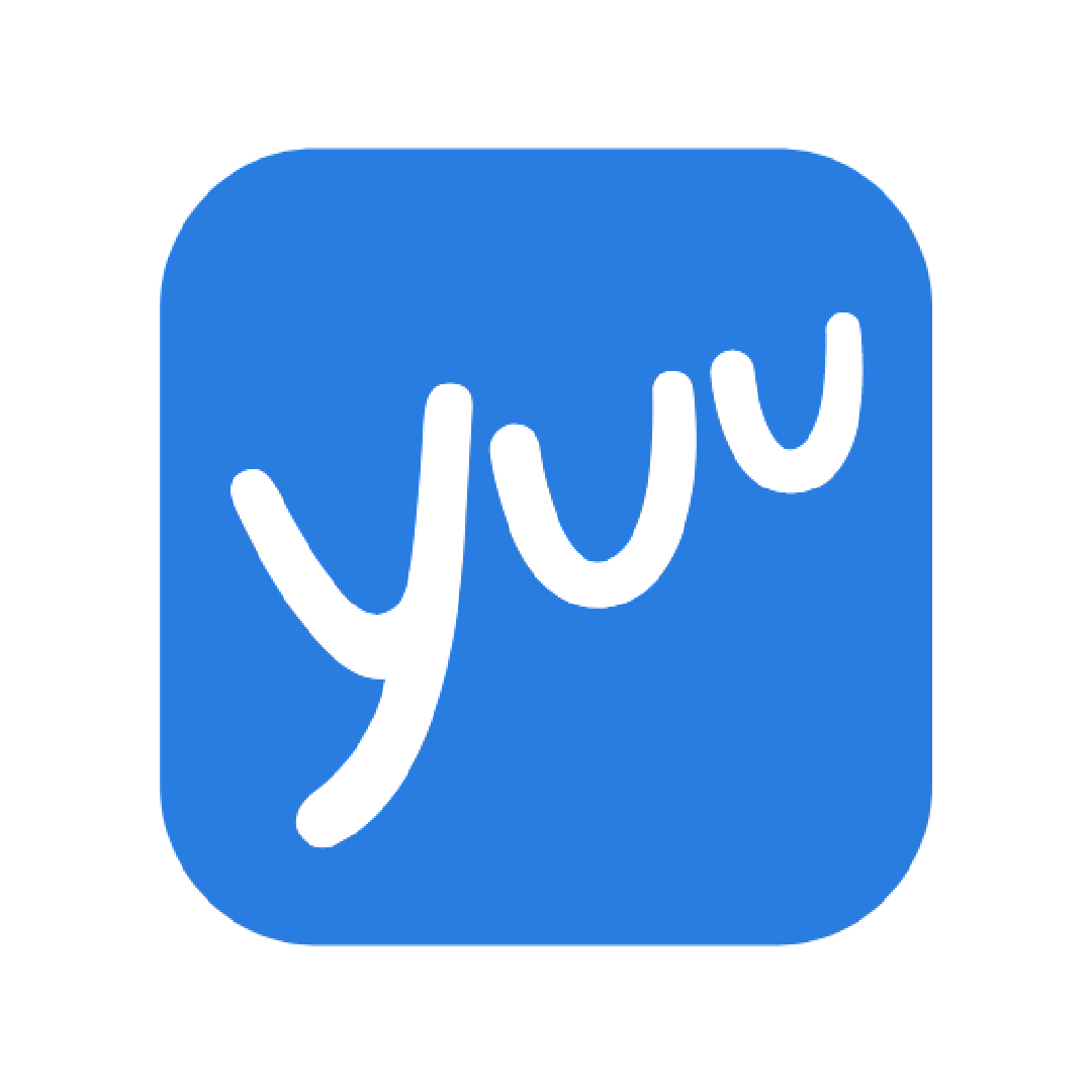 Blue rounded square app icon featuring the word 'yuu' in white cursive script on a bright blue background.