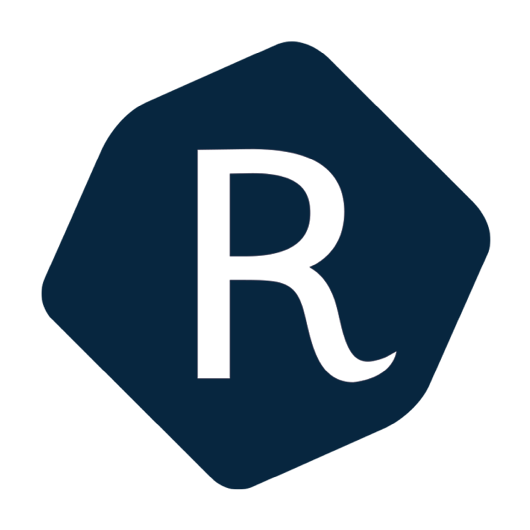 Dark navy blue hexagonal logo featuring a bold white letter R with a decorative serif tail, representing a modern brand identity.