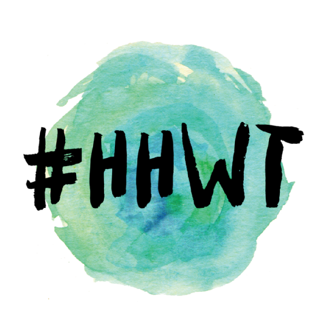 Watercolor green circle with bold black #HHWT hashtag text logo on white background.