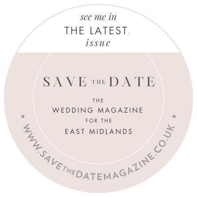 Circular pink and white wedding magazine logo for Save the Date East Midlands.