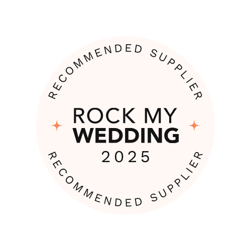 Black and white circular logo reading 'Rock My Wedding 2025 Recommended Supplier'.
