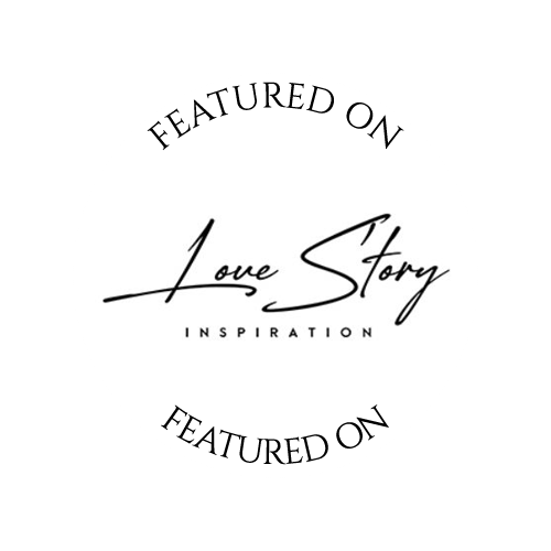 Circular white badge with 'Love Story Inspiration' text and 'Featured On' typography.