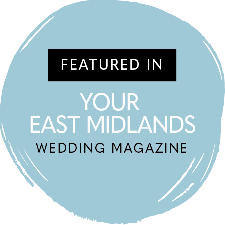 Blue circular badge for Your East Midlands Wedding Magazine with white text.