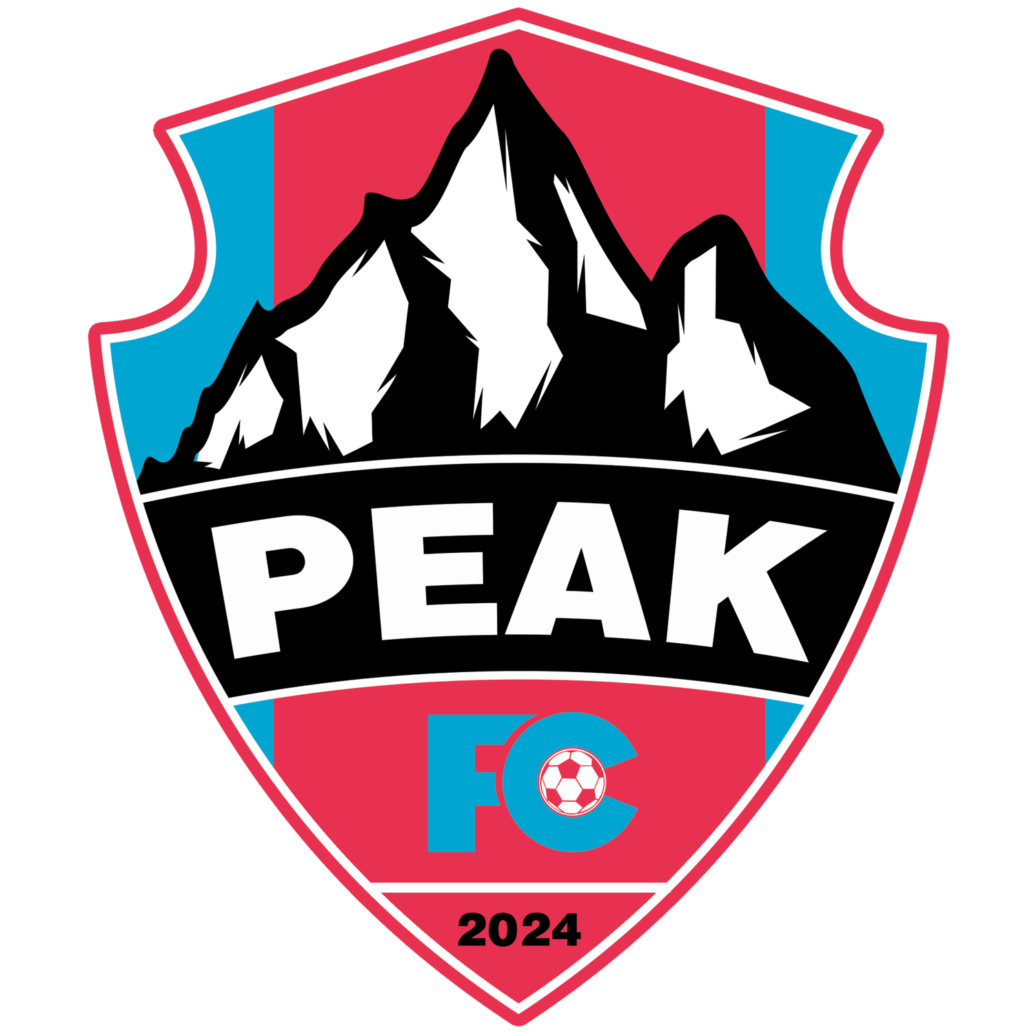 A stylized mountain peak logo design in red and blue with 'PEAK FC 2024' text on a shield-shaped emblem.