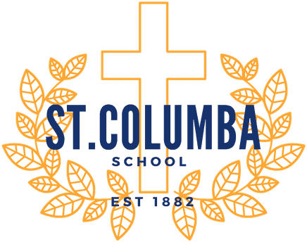 St. Columba School logo featuring a white cross with navy text and orange leaf accents, established in 1882.
