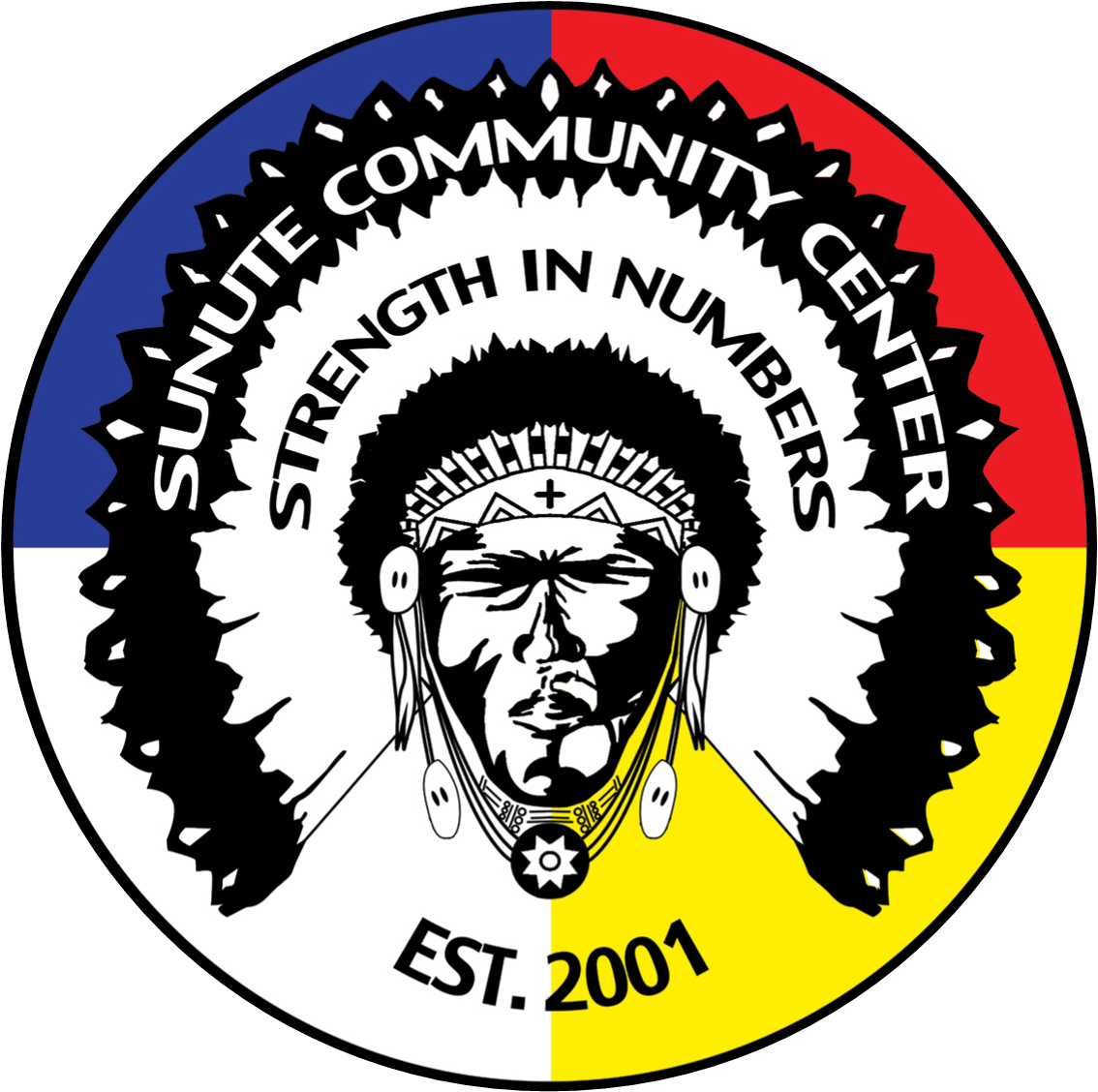 A circular logo featuring a Native American headdress design with text 'Community Center - Strength in Numbers' in black, red, yellow.