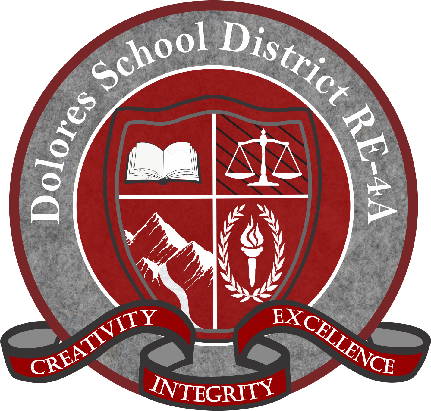 A row of red and silver circular school district emblems featuring symbols of education, justice and integrity.