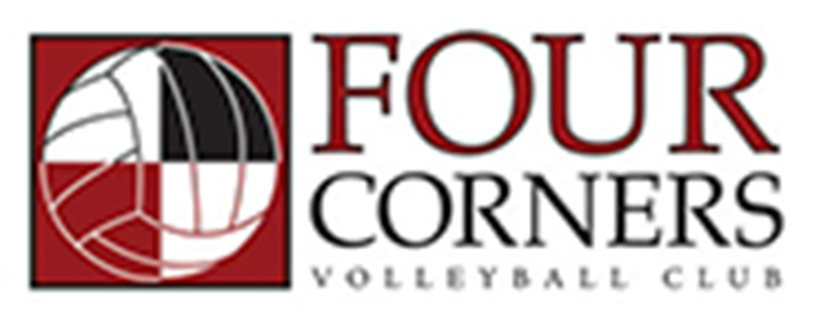 Red and black banner design for Four Corners Volleyball Club featuring geometric shapes and logo elements.