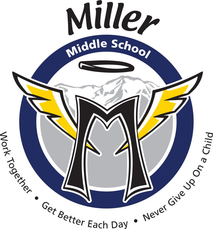 A series of circular school logos featuring graduation caps and halos in navy blue, yellow and gray colors.