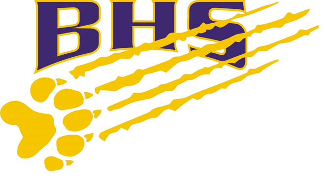 Blue and gold BHS school logo with a paw print and trailing motion streaks.