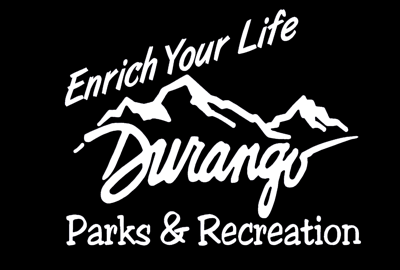 A black and white logo design for Durango Parks & Recreation Department with mountain silhouettes.
