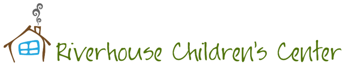 A hand-drawn logo design for Riverhouse Children's Center featuring a simple house icon and green text.