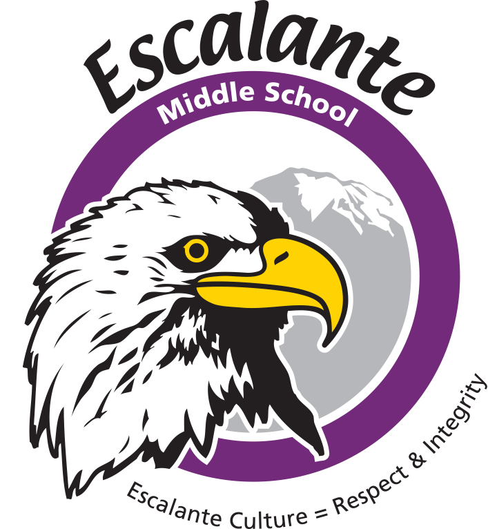 Escalante Middle School logo featuring a bald eagle head with purple circle and mountain backdrop.