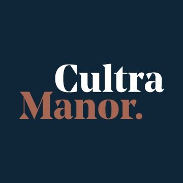 Modern typography design featuring the text 'Cultra Manor' in elegant serif font on dark background.