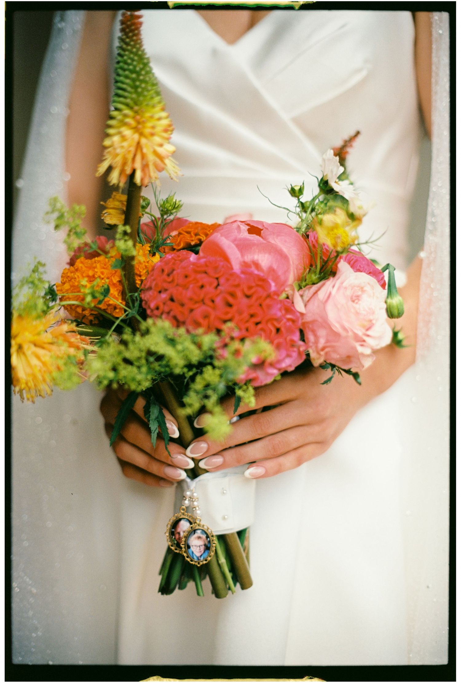 A series of cropped shots showing hands holding a delicate pink and orange spring wedding bouquet with greenery accents.