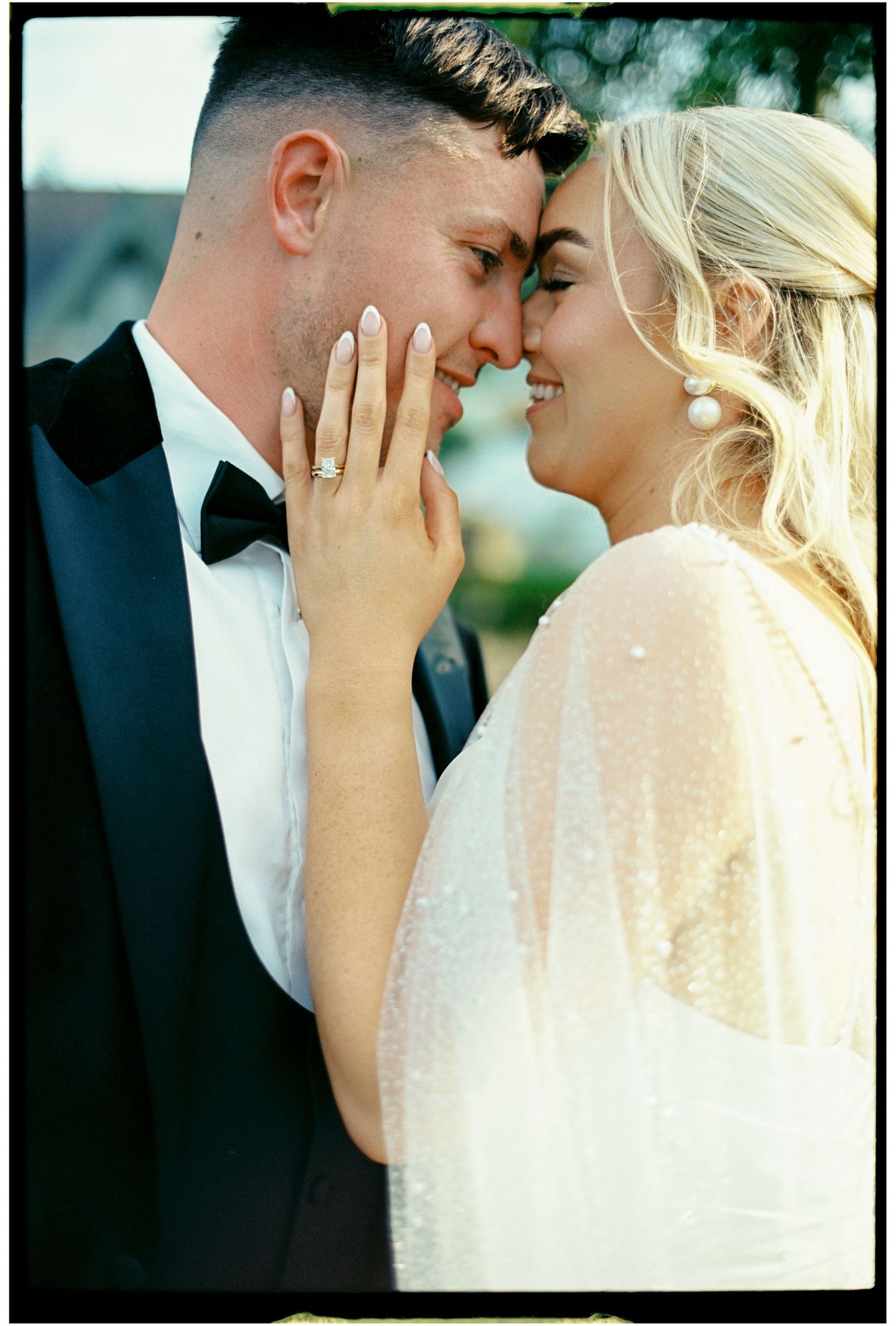 A romantic wedding moment captured in a series of intimate close-up shots against a soft background.