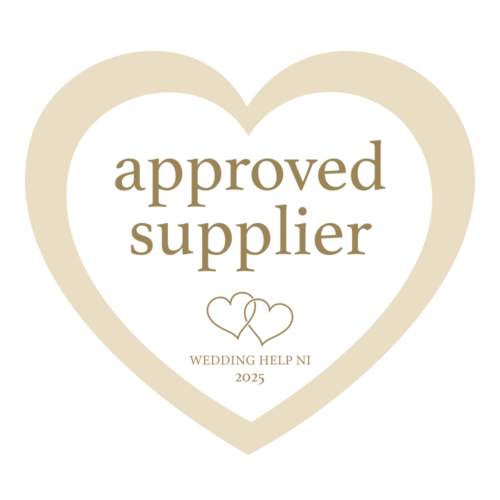 Wedding supplier approval badges with heart designs in elegant beige and gold colors.