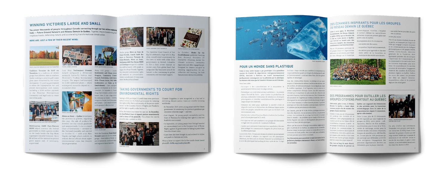 Open Finding Solutions spread with environmental articles featuring ocean conservation and group outdoor activity photos.