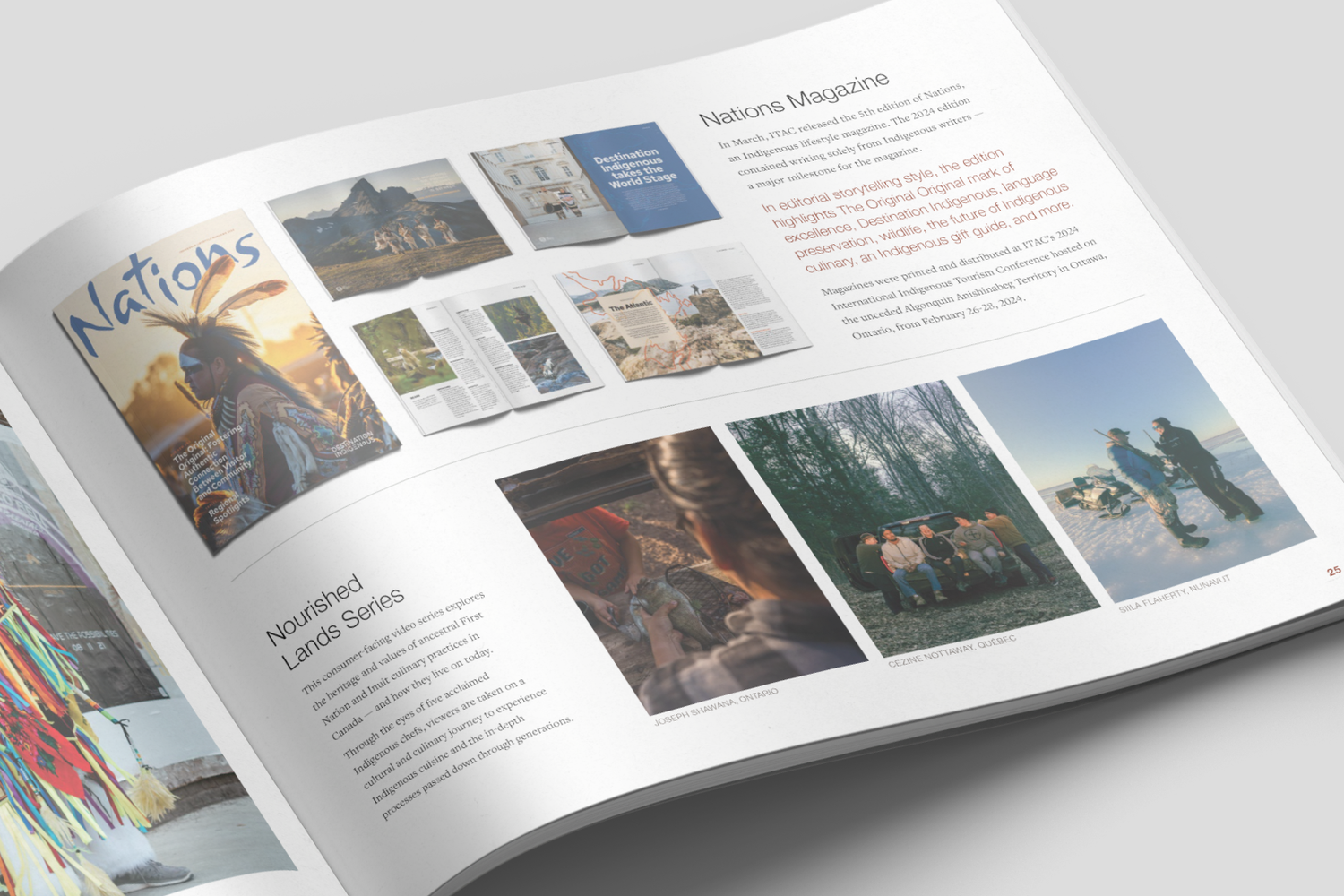 Open annual report spread highlighting successful printed and video marketing pieces.