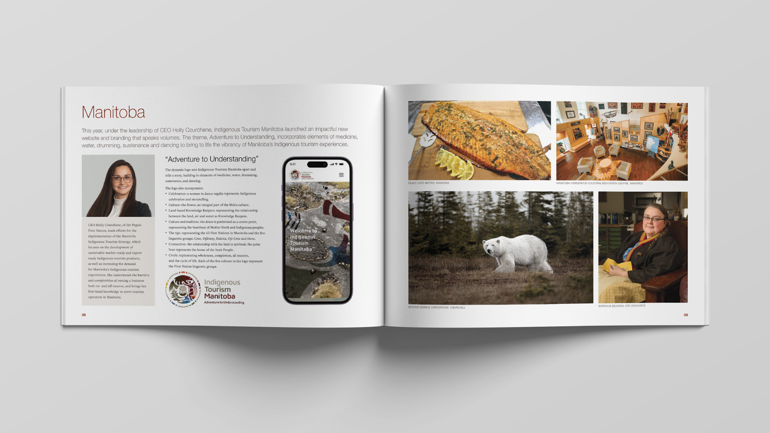Open annual report spread featuring Manitoba Indigenous tourism with polar bear and local cuisine photos.