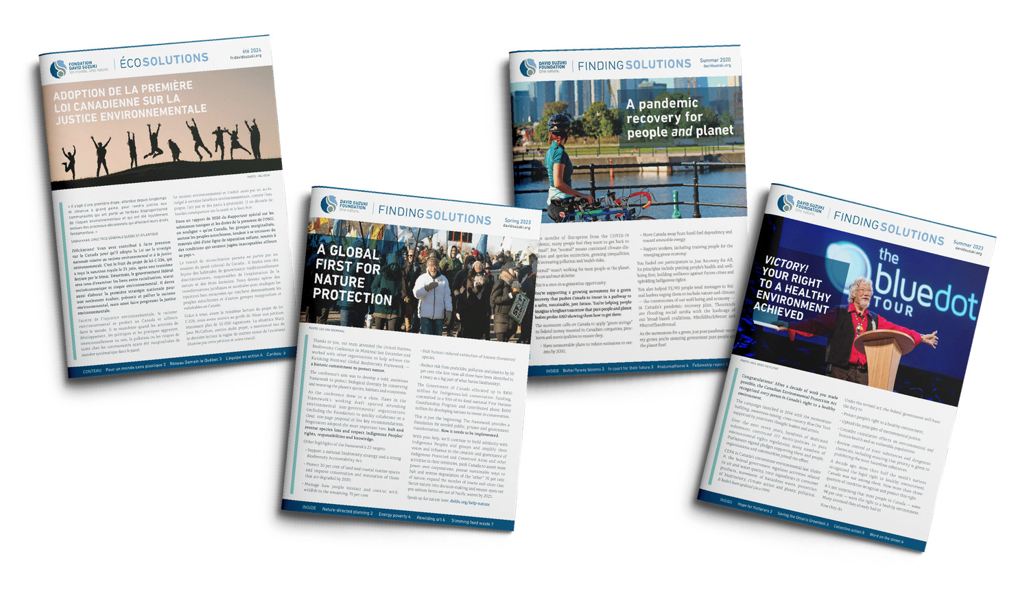 Four overlapping newsletter publications from the David Suzuki Foundation featuring environmental policy and conservation topics.