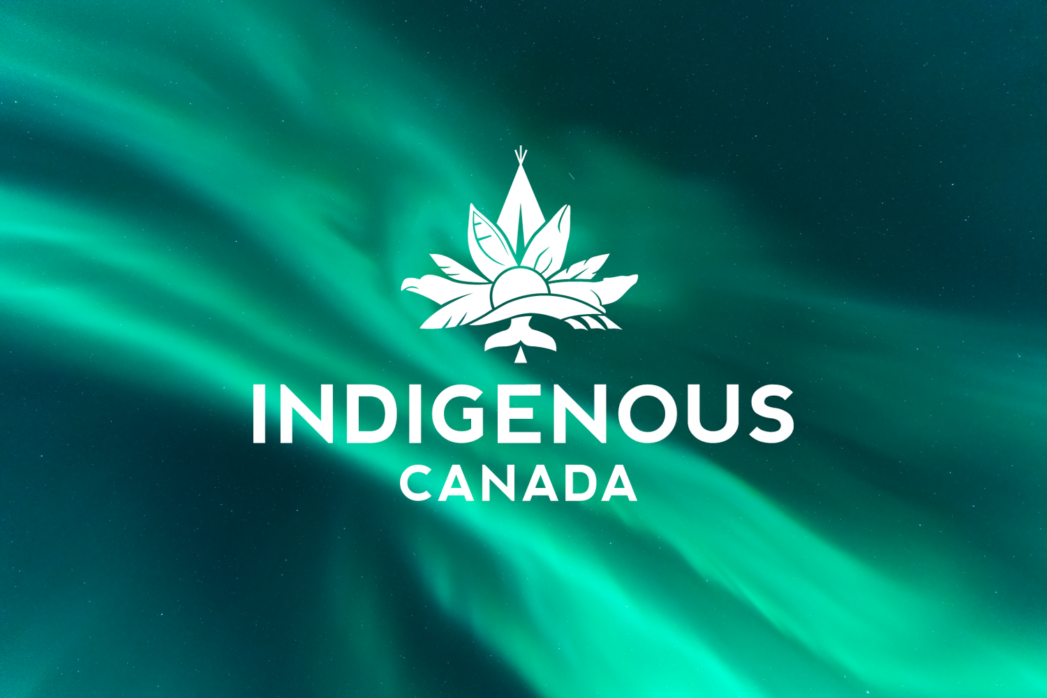 Indigenous Canada logo featuring a maple leaf and sunrise symbol on a vibrant green aurora background.