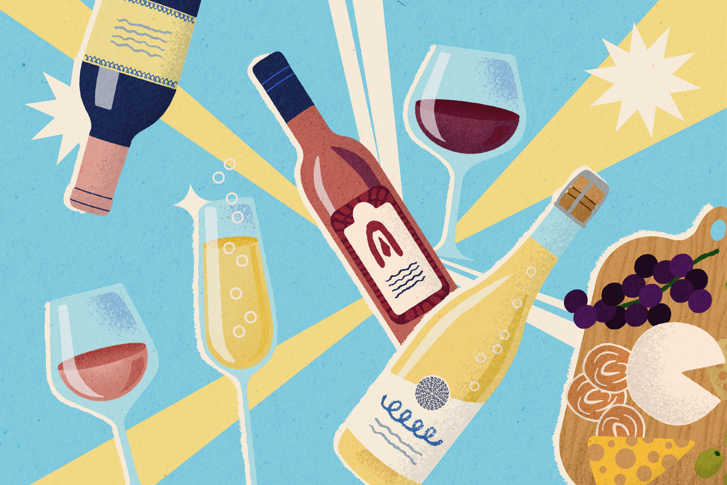 Colorful illustrated festival branding featuring wine bottles, glasses, grapes, and cheese on a blue background.