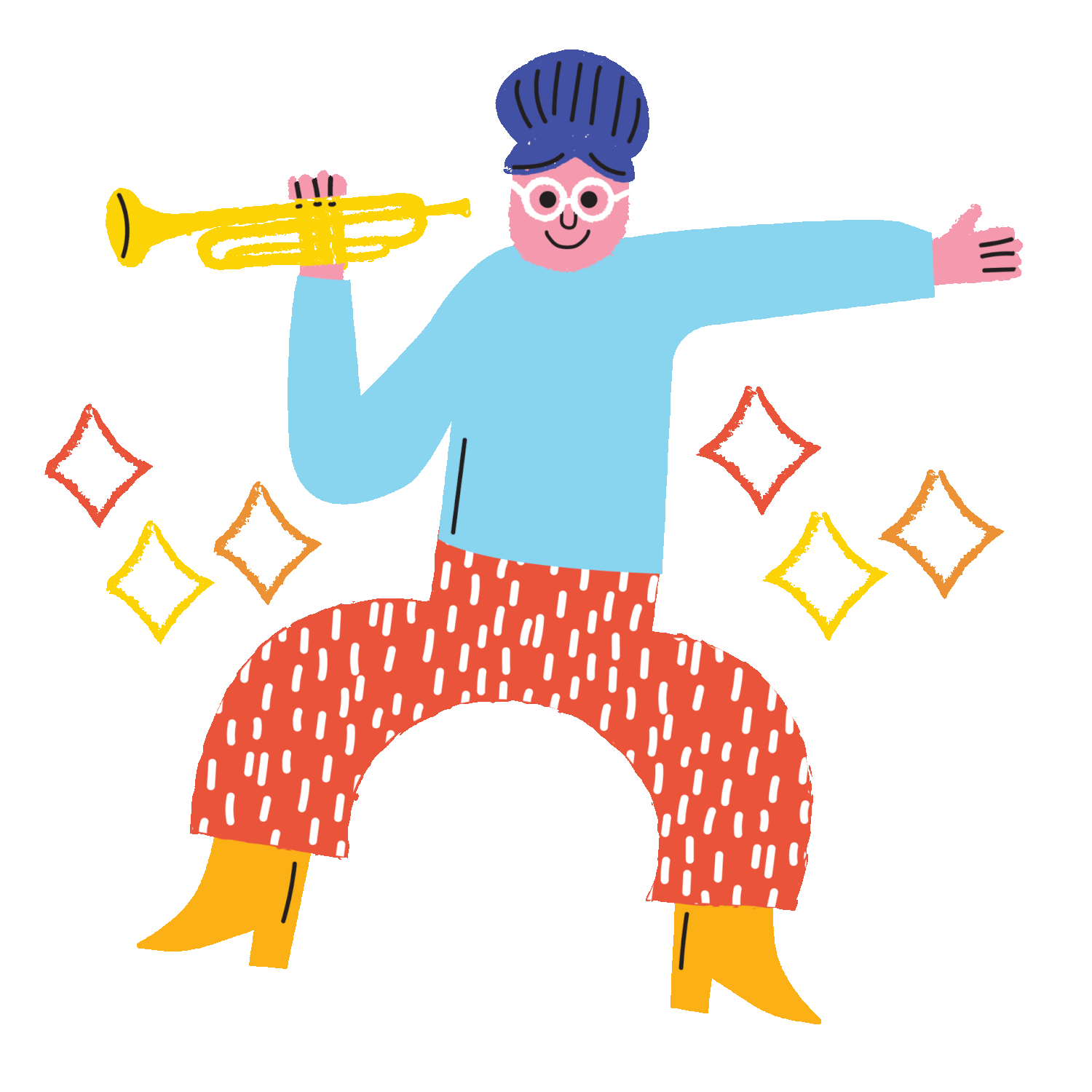 Colorful flat illustration of a cheerful trumpet player in red patterned pants with sparkle decorations on white background.