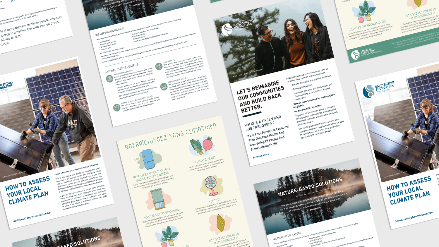 Collage of David Suzuki Foundation climate plan assessment guides and community sustainability documents.