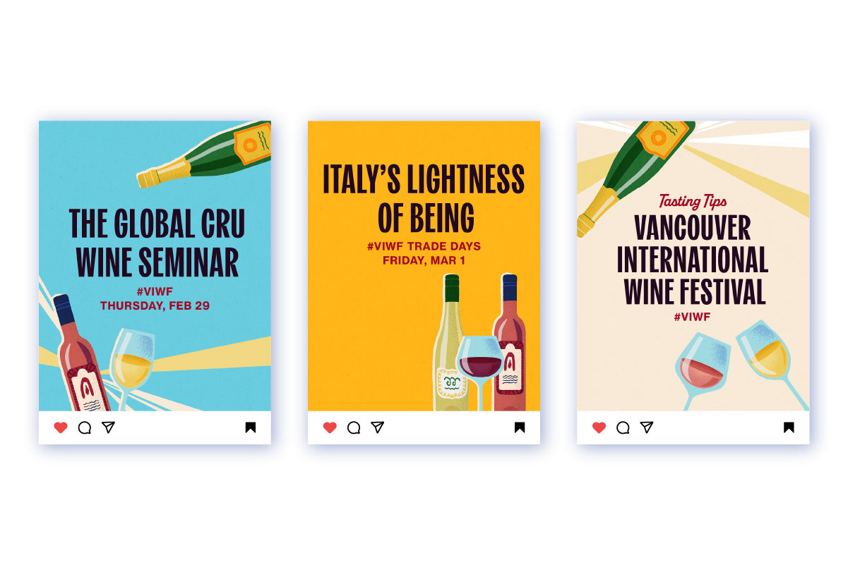 Three social media posts promoting Vancouver International Wine Festival seminars and events.