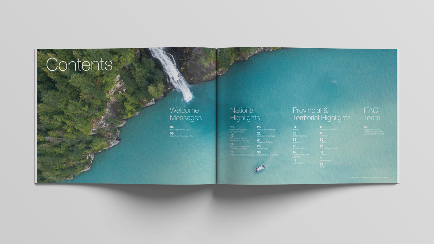 Indigenous Tourism Canada annual report contents page with aerial turquoise waterfall and coastal landscape.